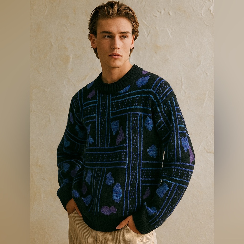 Men's Vintage Black Blue & Purple Knit Sweater | Retro Geometric Pattern Size S